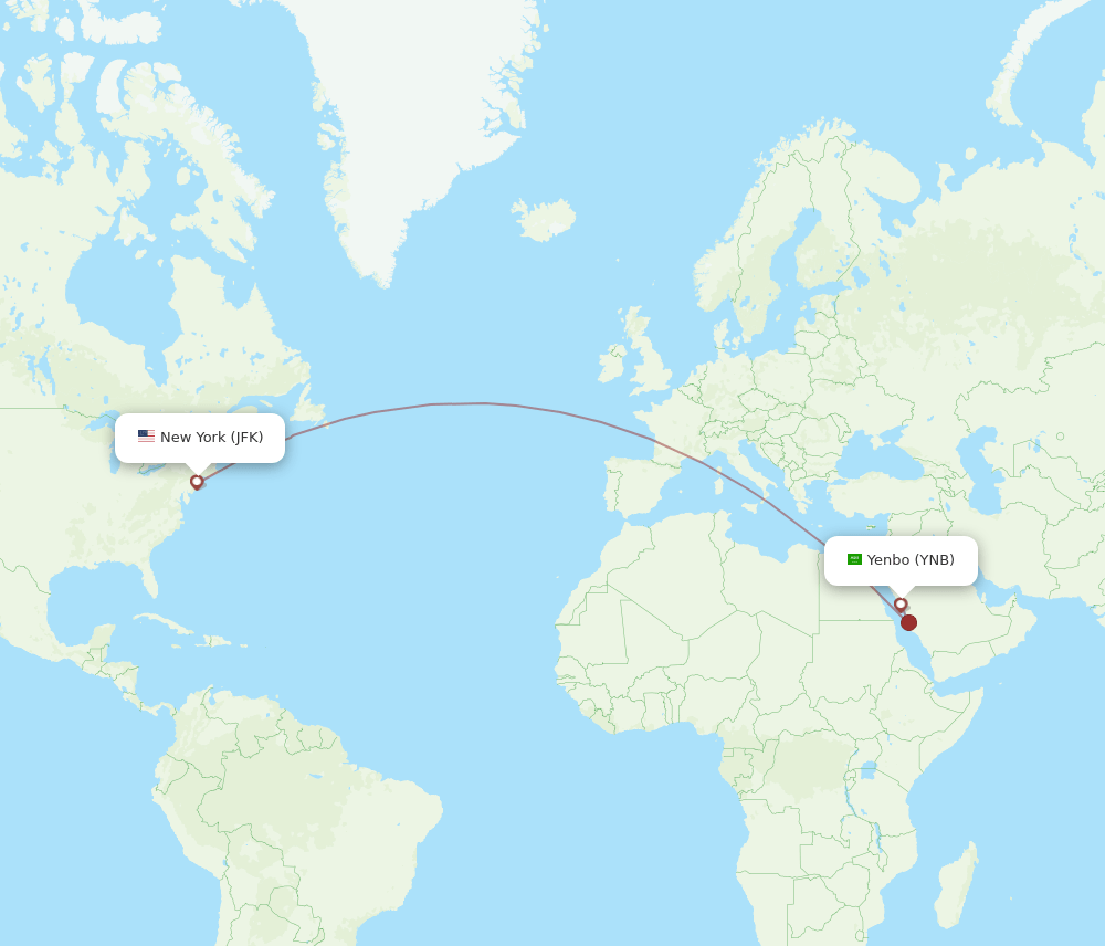 YNB to JFK flights and routes map