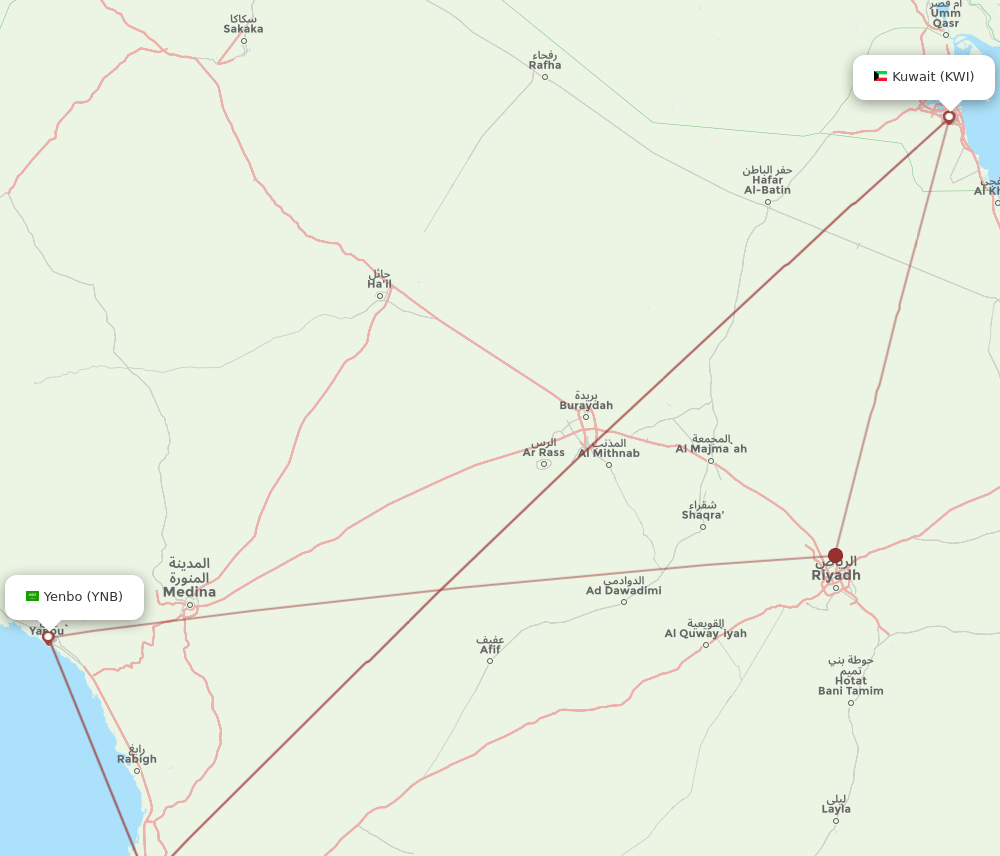 YNB-KWI flight routes