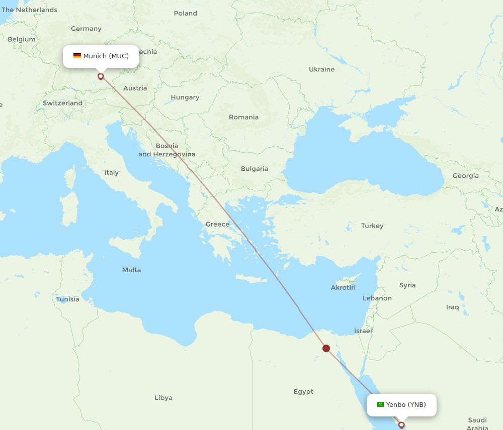 YNB to MUC flights and routes map