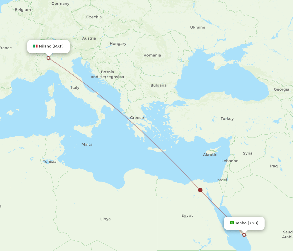 Milan - Yanbu route map and flight paths
