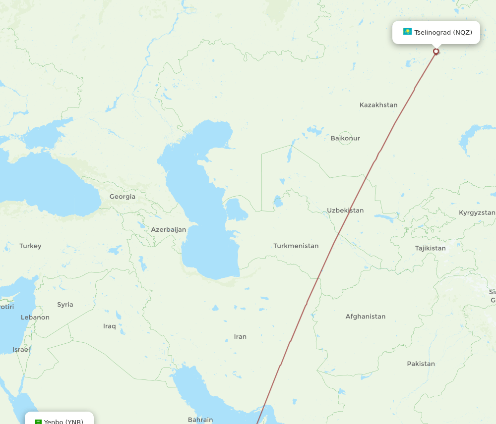 Yanbu - Astana route map and flight paths