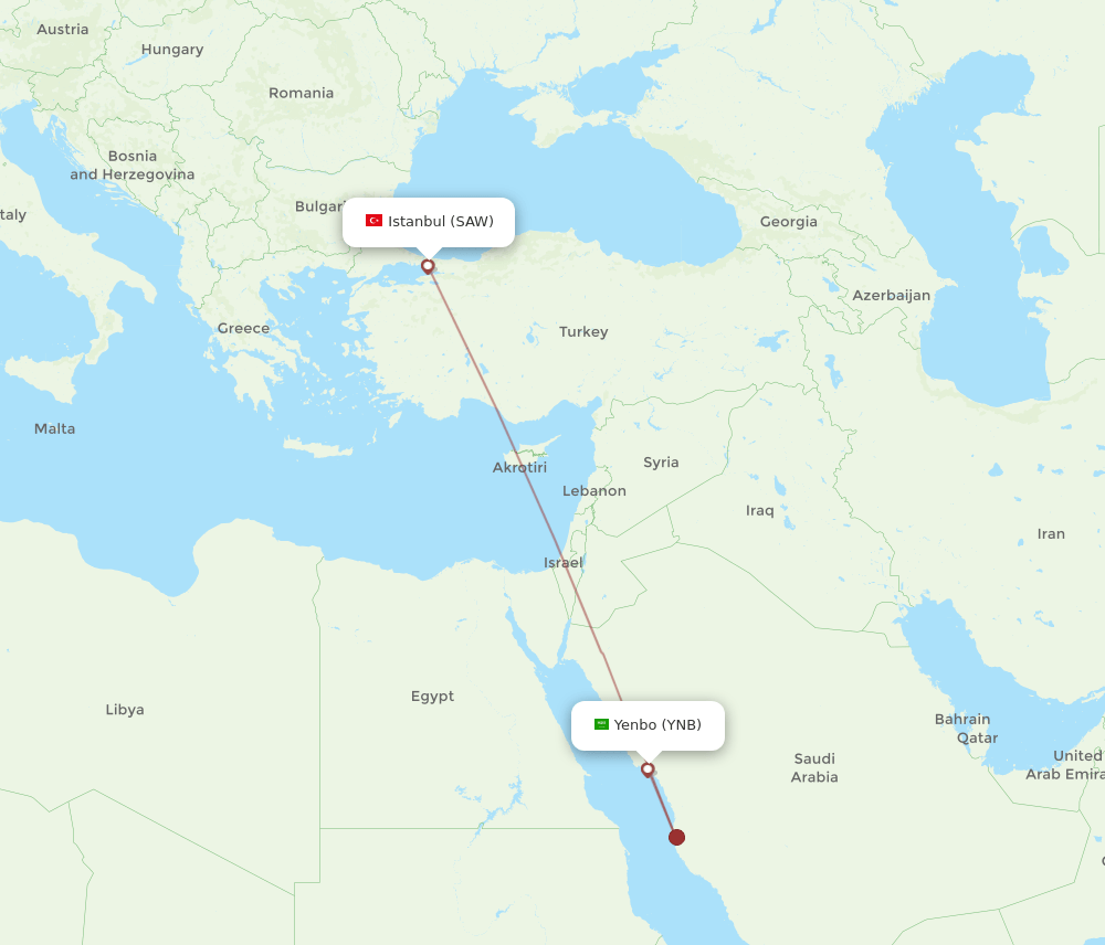 Istanbul - Yanbu route map and flight paths