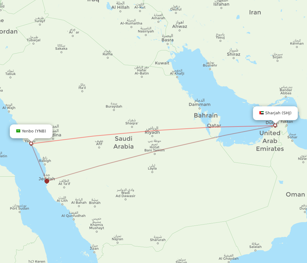 YNB to SHJ flights and routes map