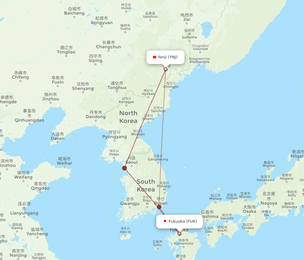 Fukuoka - Yanji route map and flight paths