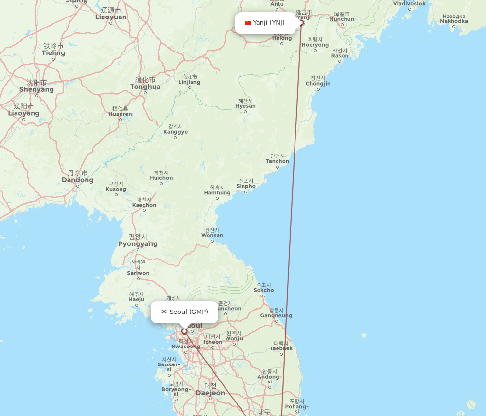 Seoul - Yanji route map and flight paths