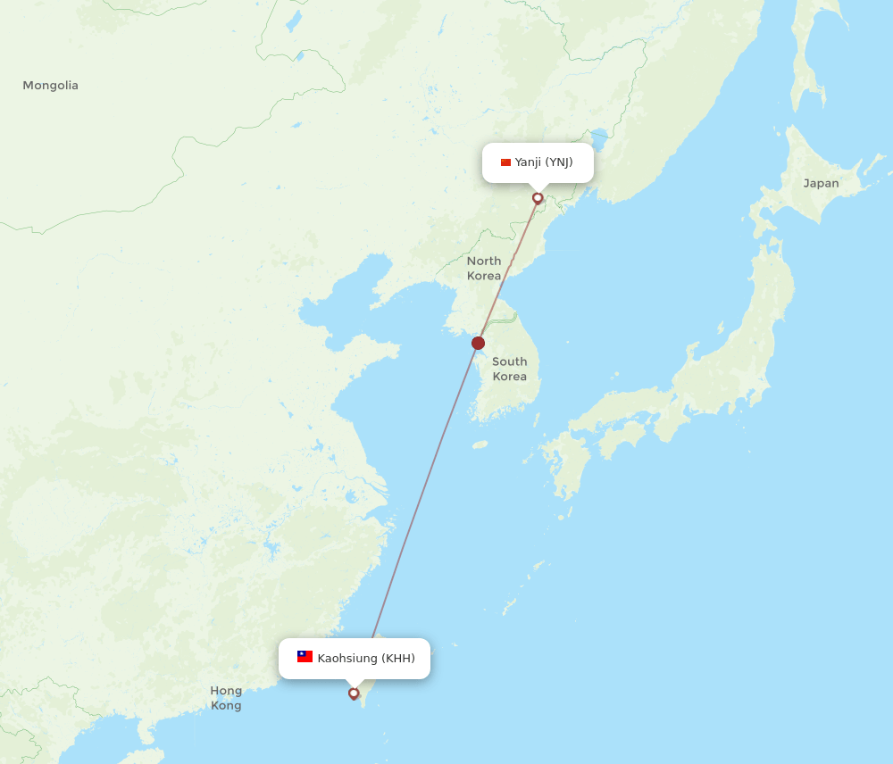 Kaohsiung - Yanji route map and flight paths