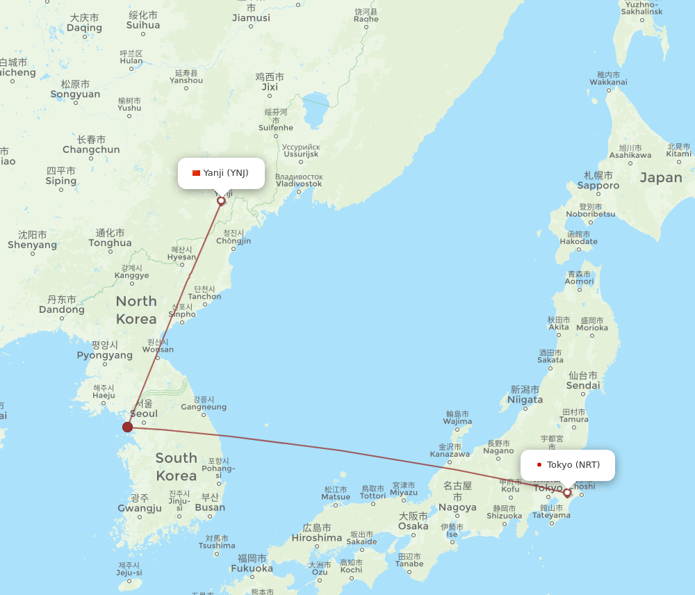 Tokyo - Yanji route map and flight paths