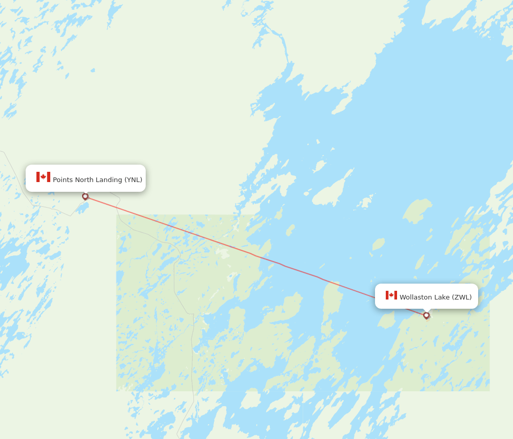 YNL to ZWL flights and routes map