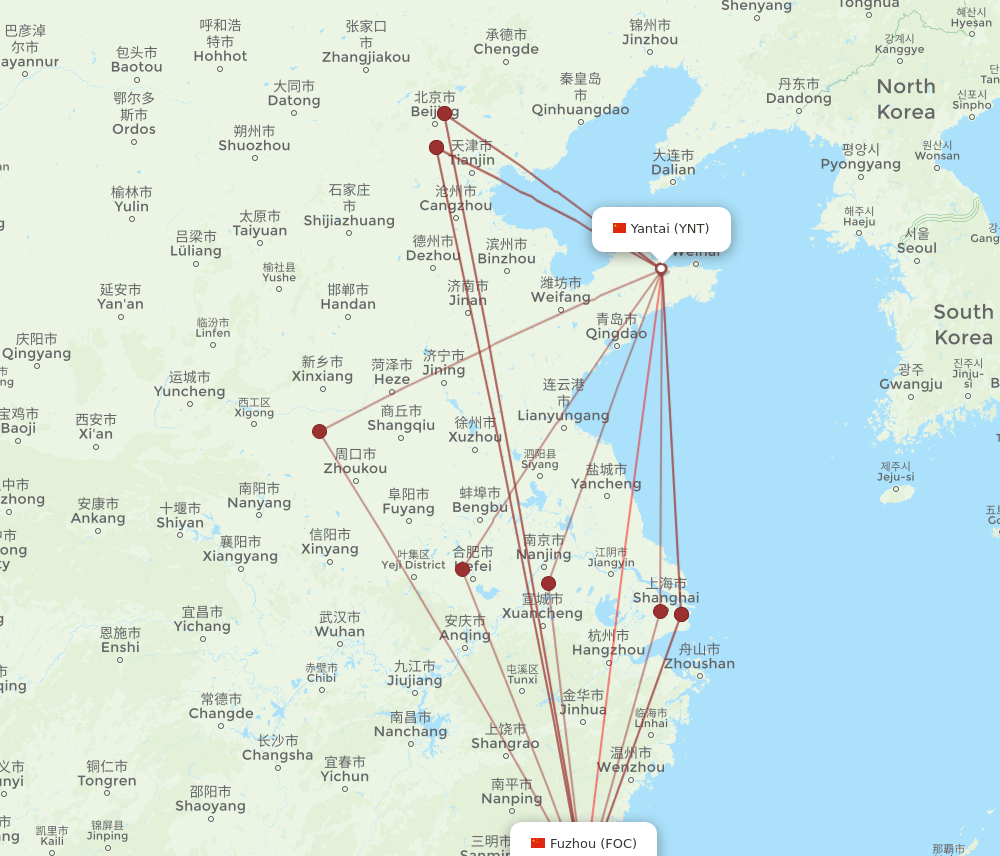 YNT to FOC flights and routes map