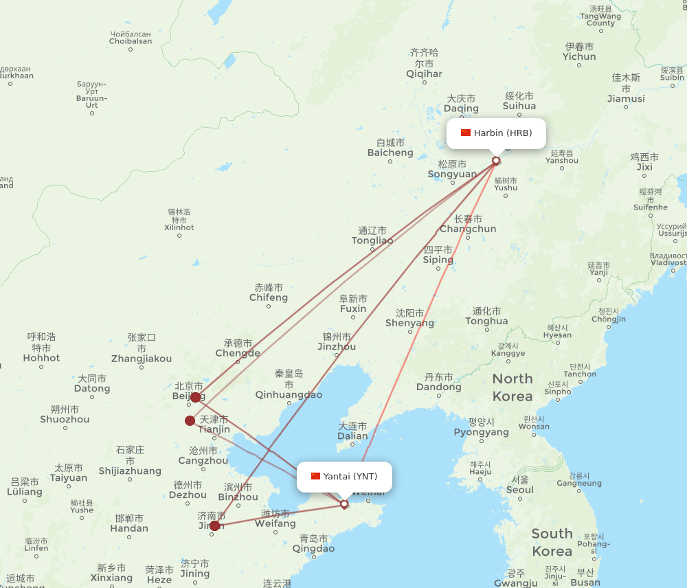 YNT to HRB flights and routes map