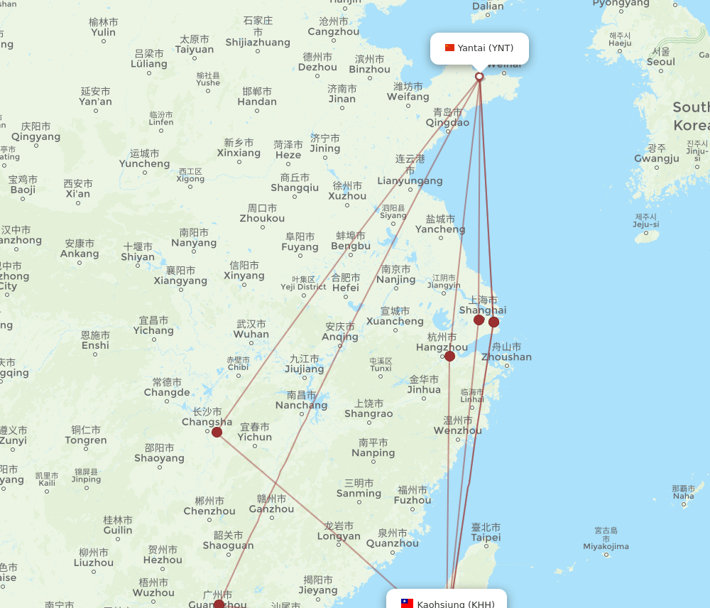 YNT-KHH flight routes