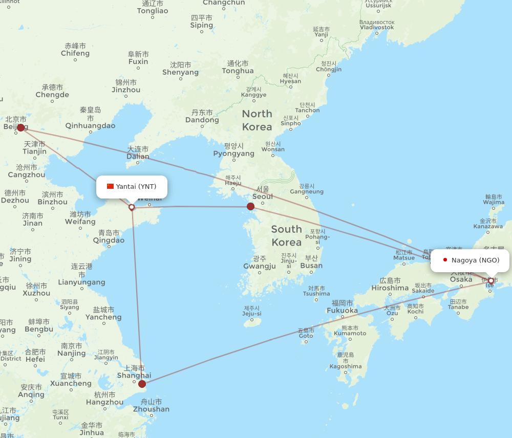 YNT to NGO flights and routes map