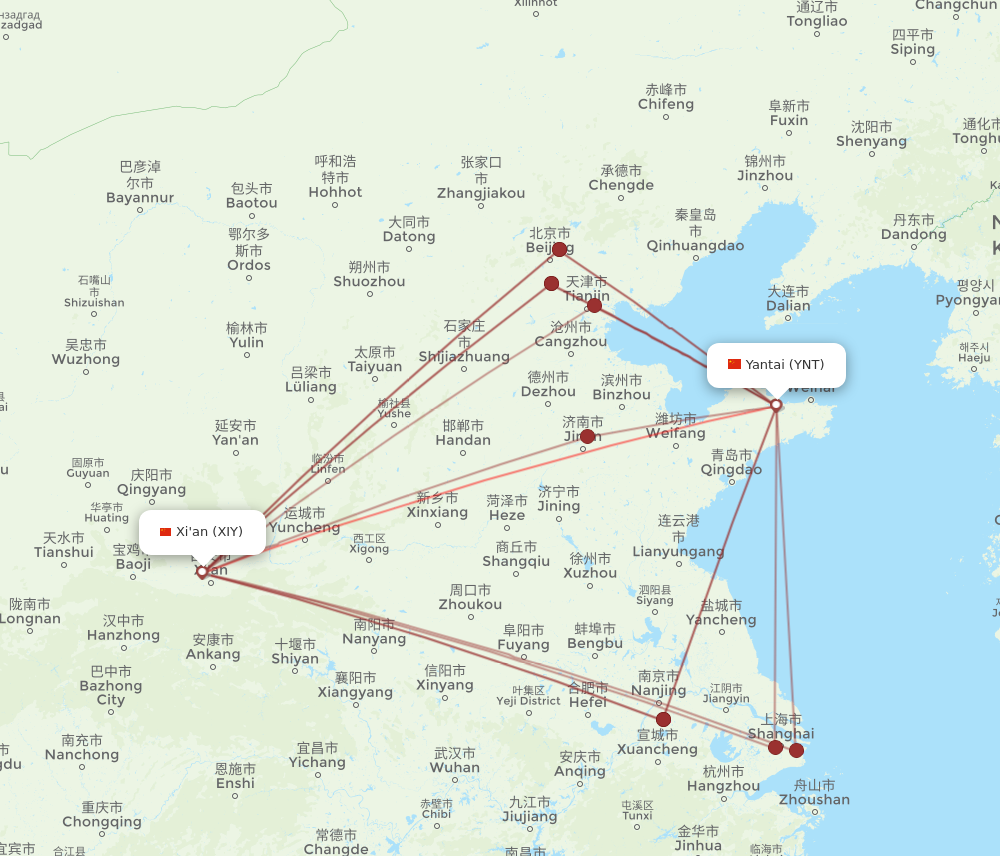 YNT to XIY flights and routes map