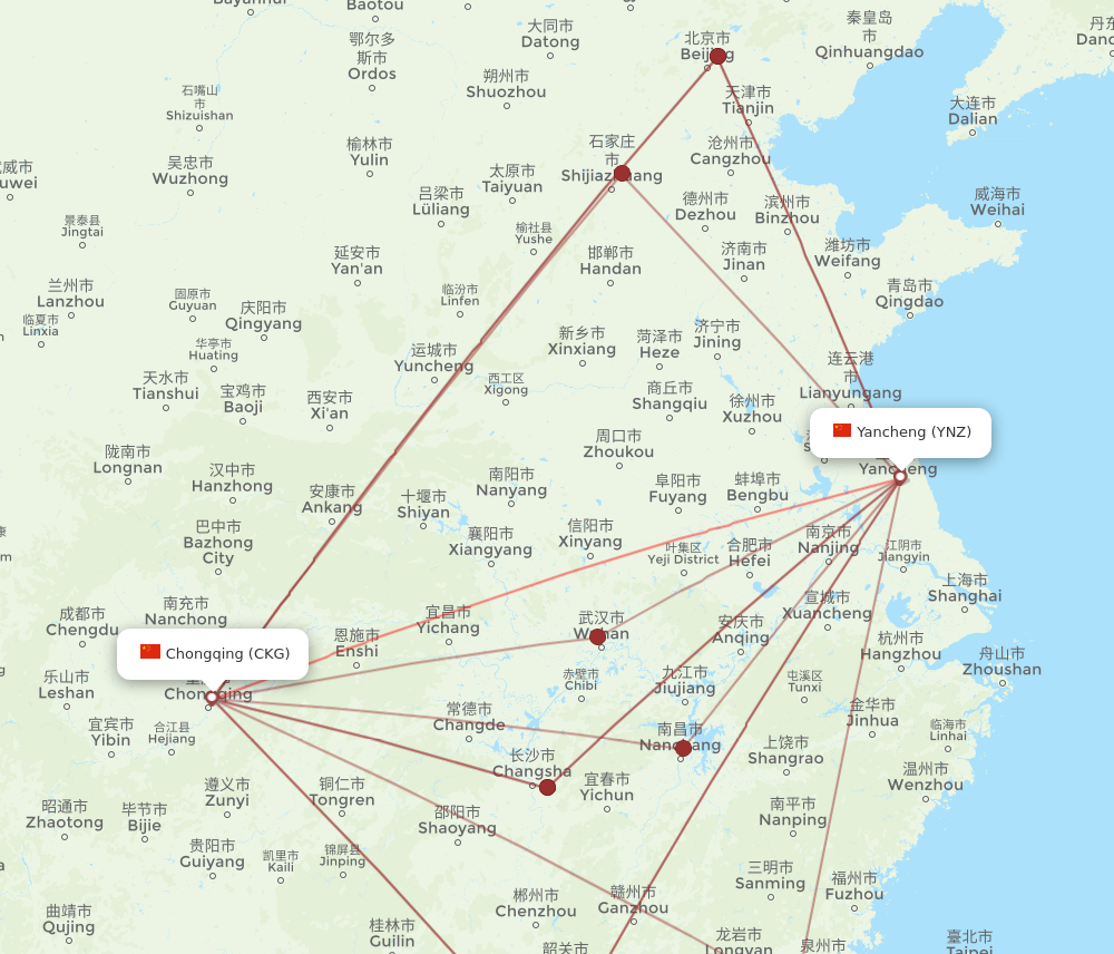 YNZ to CKG flights and routes map