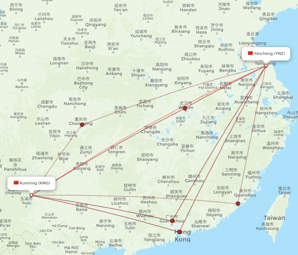 YNZ to KMG flights and routes map