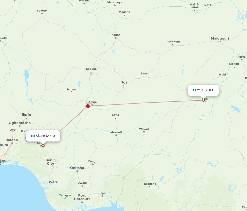 Akure - Yola route map and flight paths