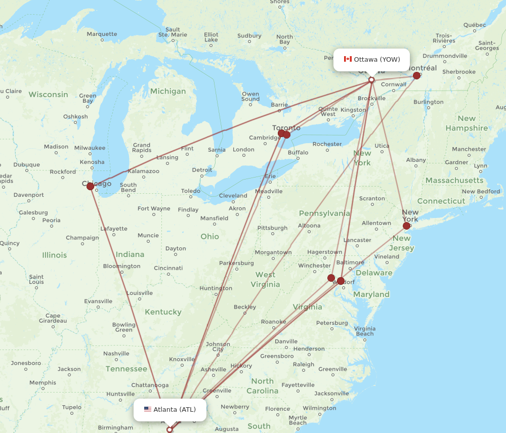 YOW to ATL flights and routes map