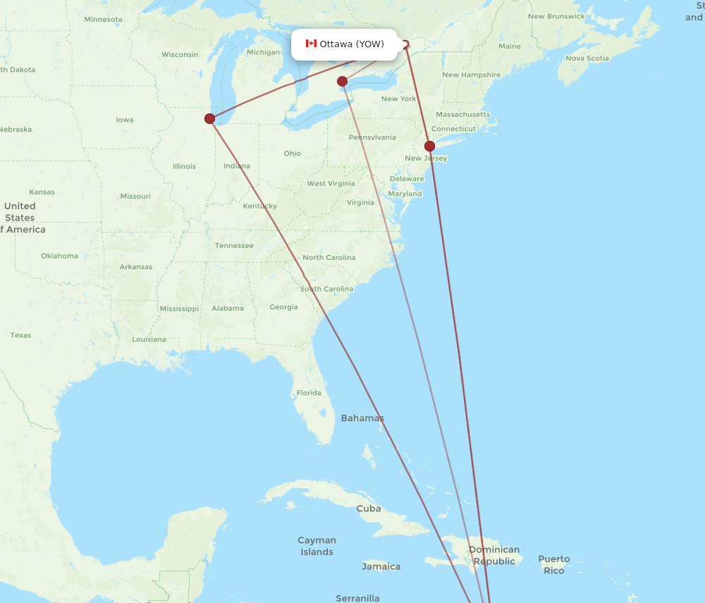 YOW to AUA flights and routes map
