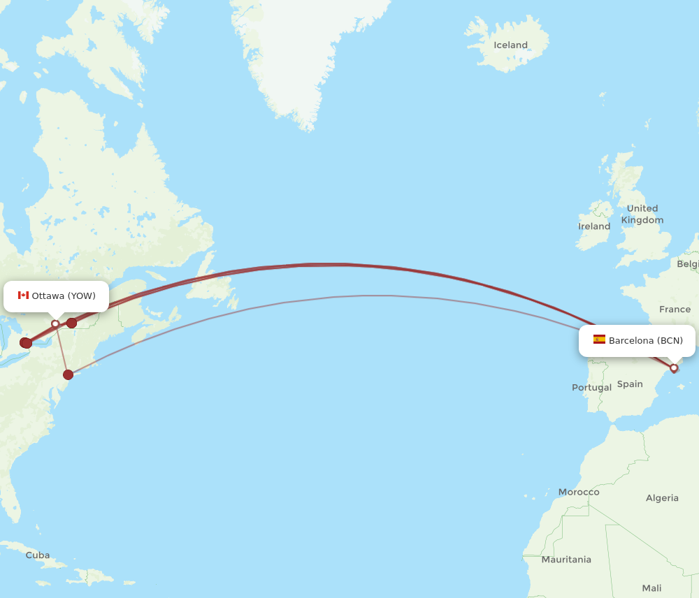 YOW to BCN flights and routes map