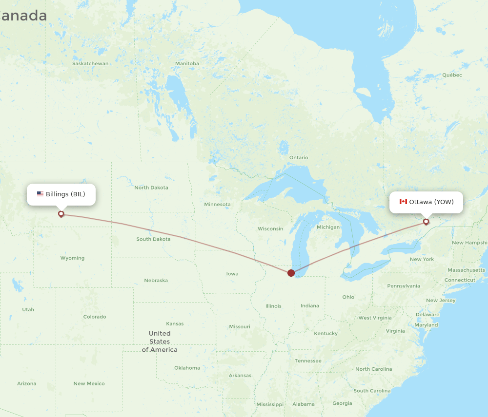 Billings - Ottawa route map and flight paths