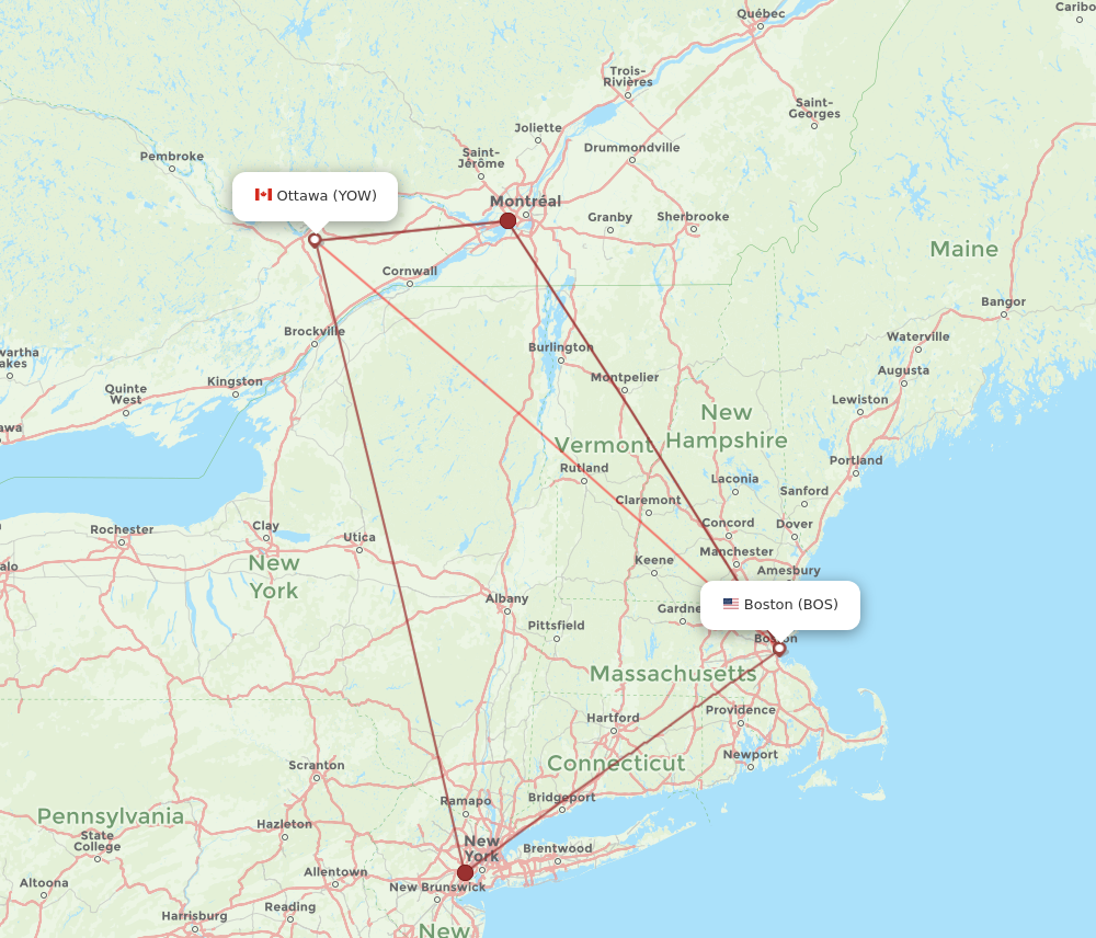 YOW to BOS flights and routes map