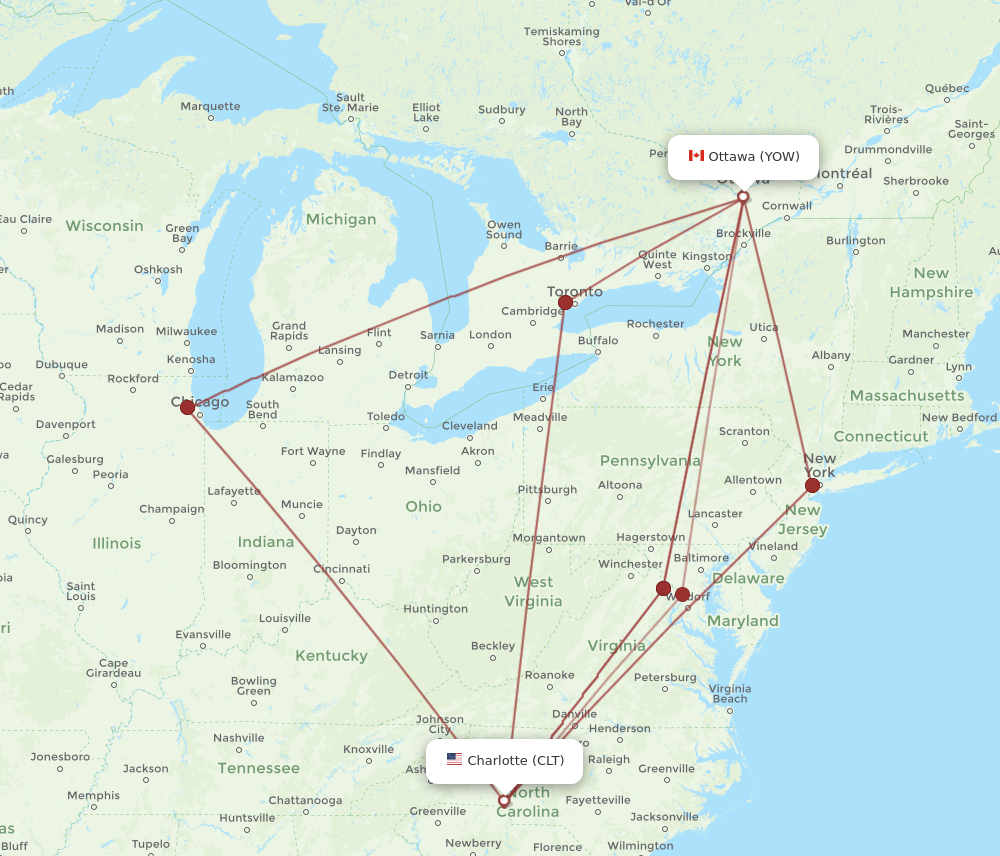 YOW to CLT flights and routes map