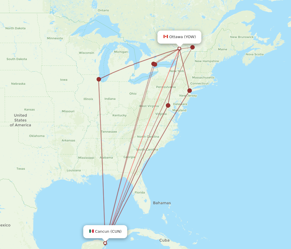 YOW to CUN flights and routes map