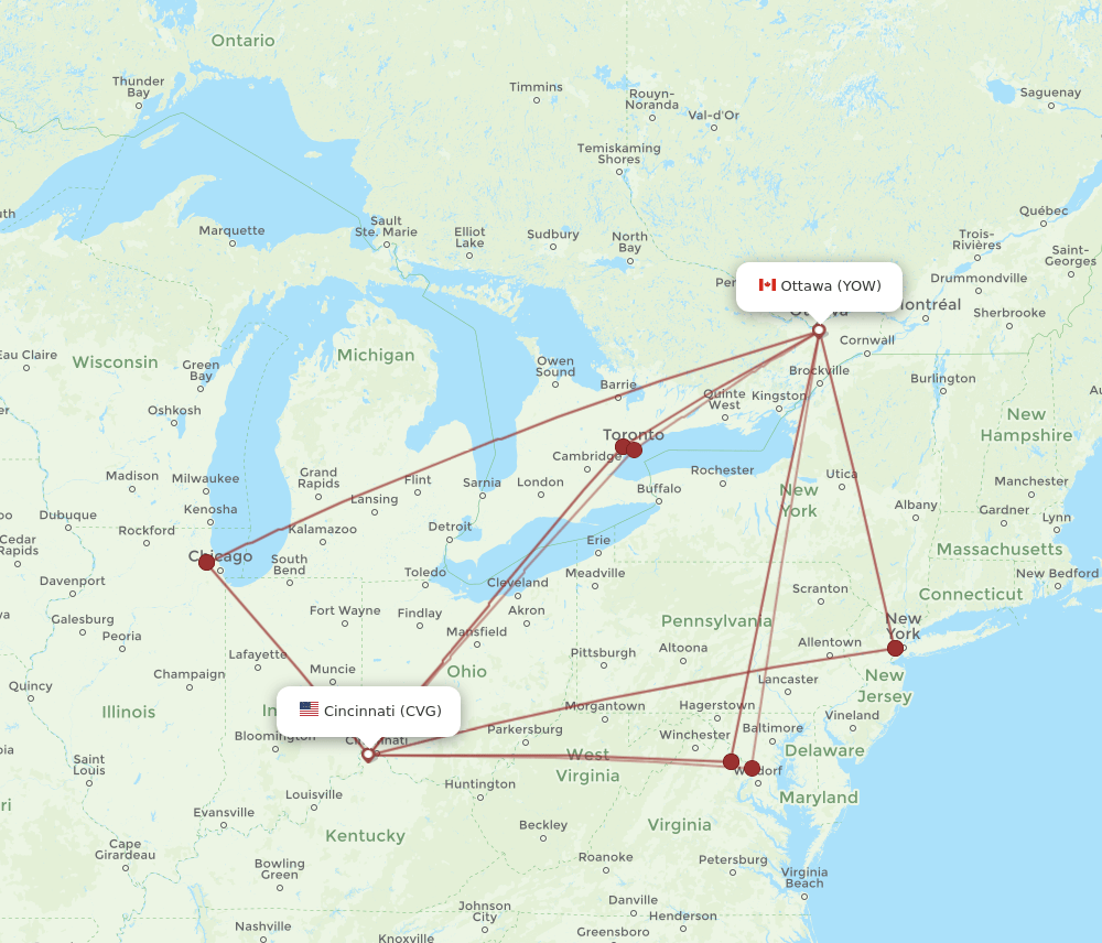 YOW-CVG flight routes