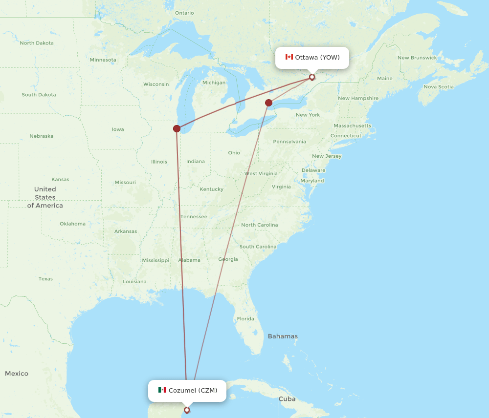 YOW to CZM flights and routes map