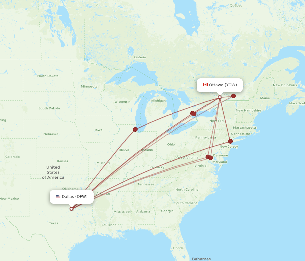 YOW to DFW flights and routes map