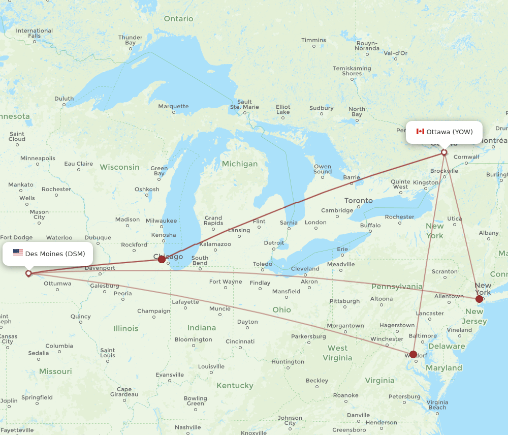 YOW to DSM flights and routes map