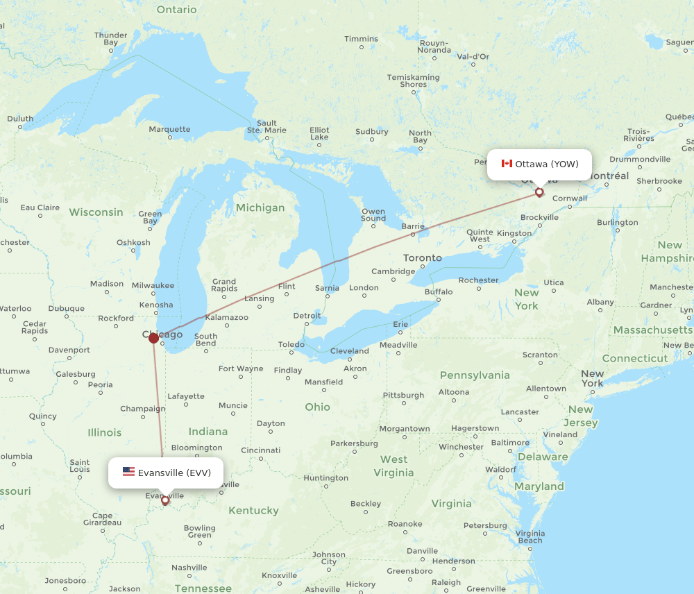 YOW to EVV flights and routes map