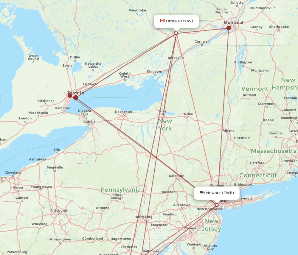 YOW to EWR flights and routes map