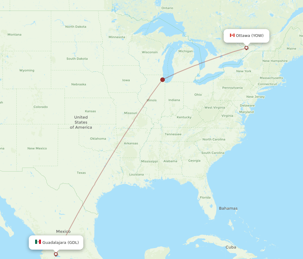 YOW to GDL flights and routes map