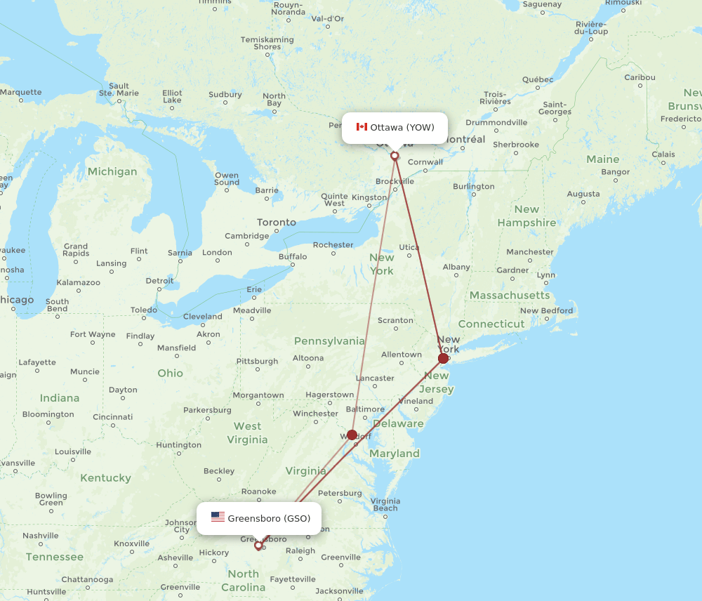 YOW to GSO flights and routes map