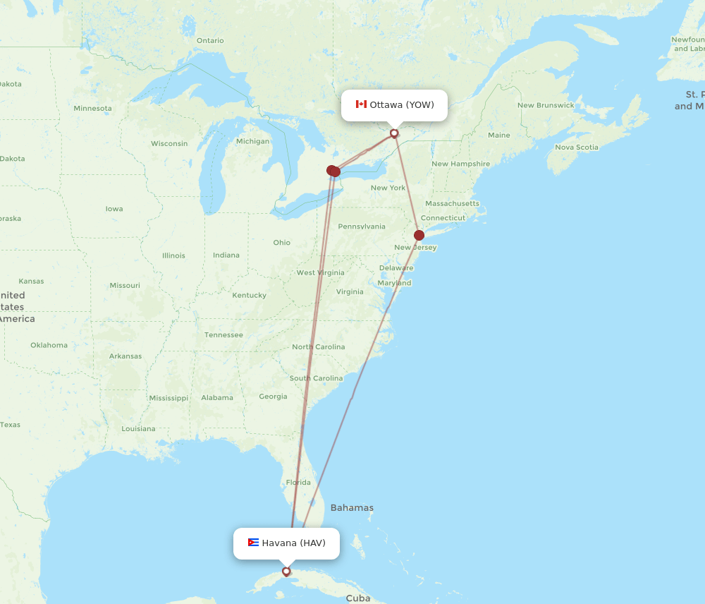 Ottawa - Havana route map and flight paths