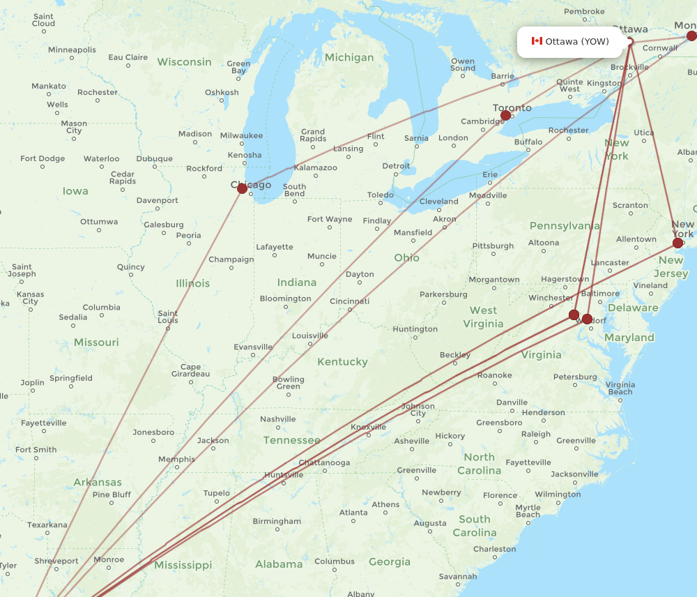 YOW to IAH flights and routes map