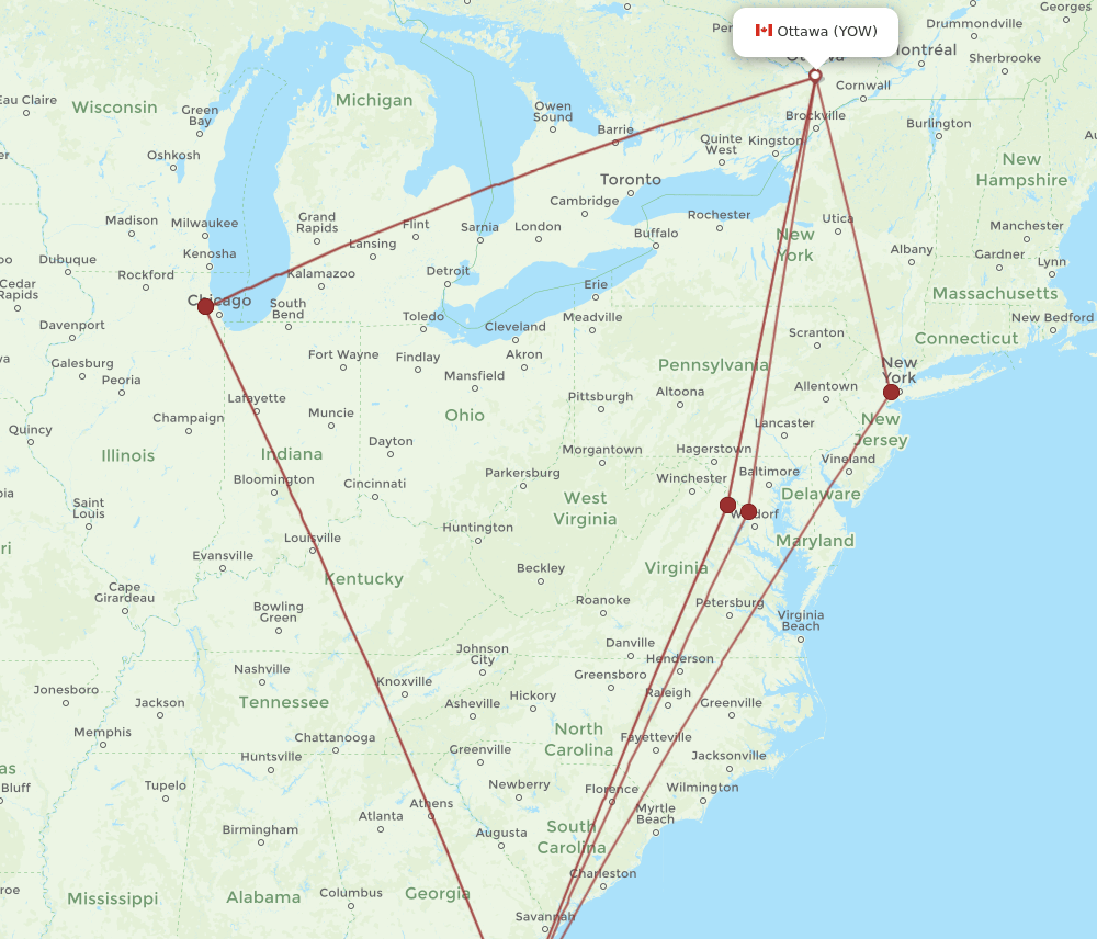 YOW to JAX flights and routes map