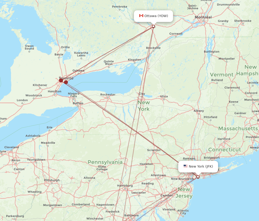 YOW to JFK flights and routes map