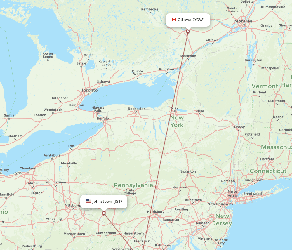 Johnstown - Ottawa route map and flight paths