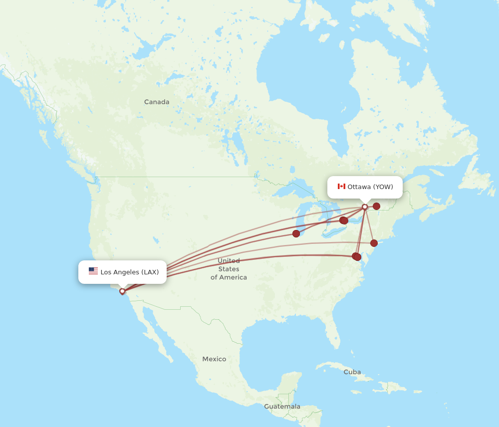 YOW to LAX flights and routes map