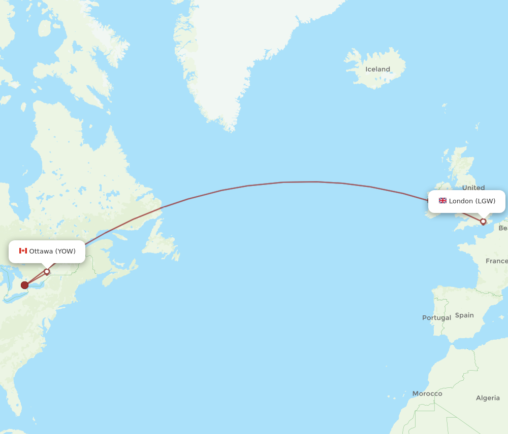 YOW to LGW flights and routes map