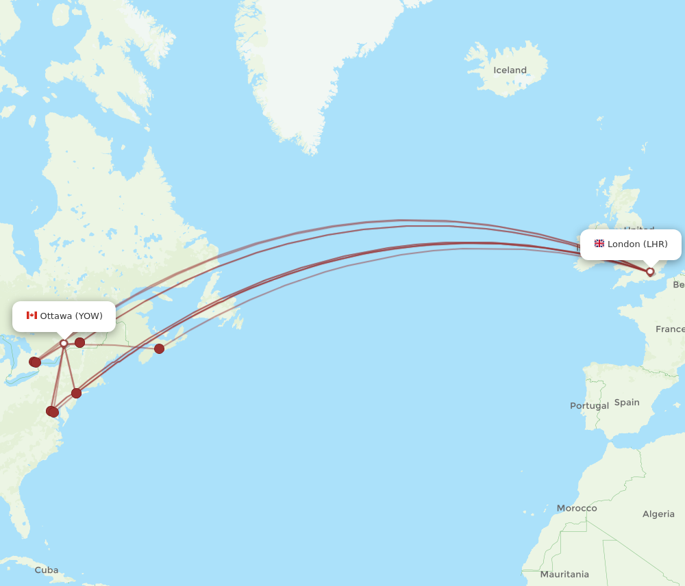 YOW to LHR flights and routes map