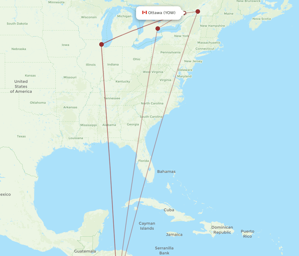 YOW to LIR flights and routes map