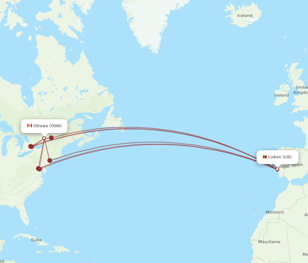 YOW to LIS flights and routes map