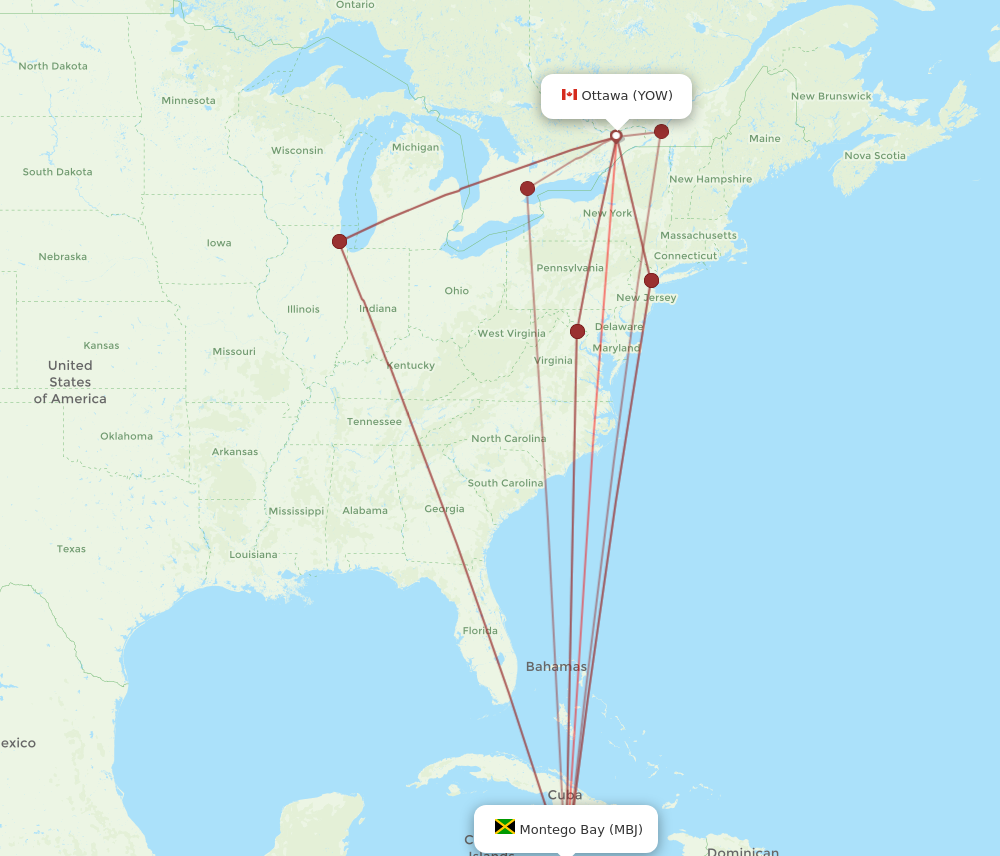 YOW to MBJ flights and routes map