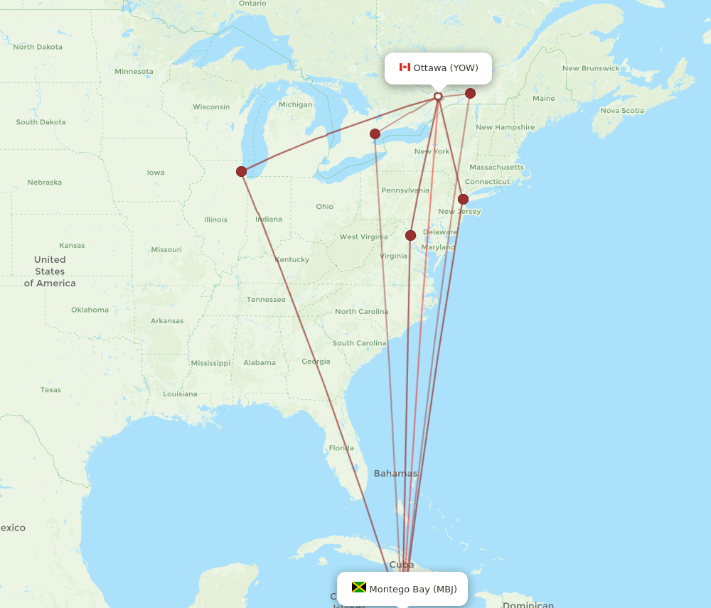 YOW to MBJ flights and routes map