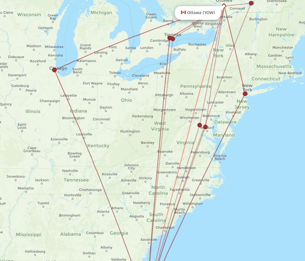 YOW to MCO flights and routes map