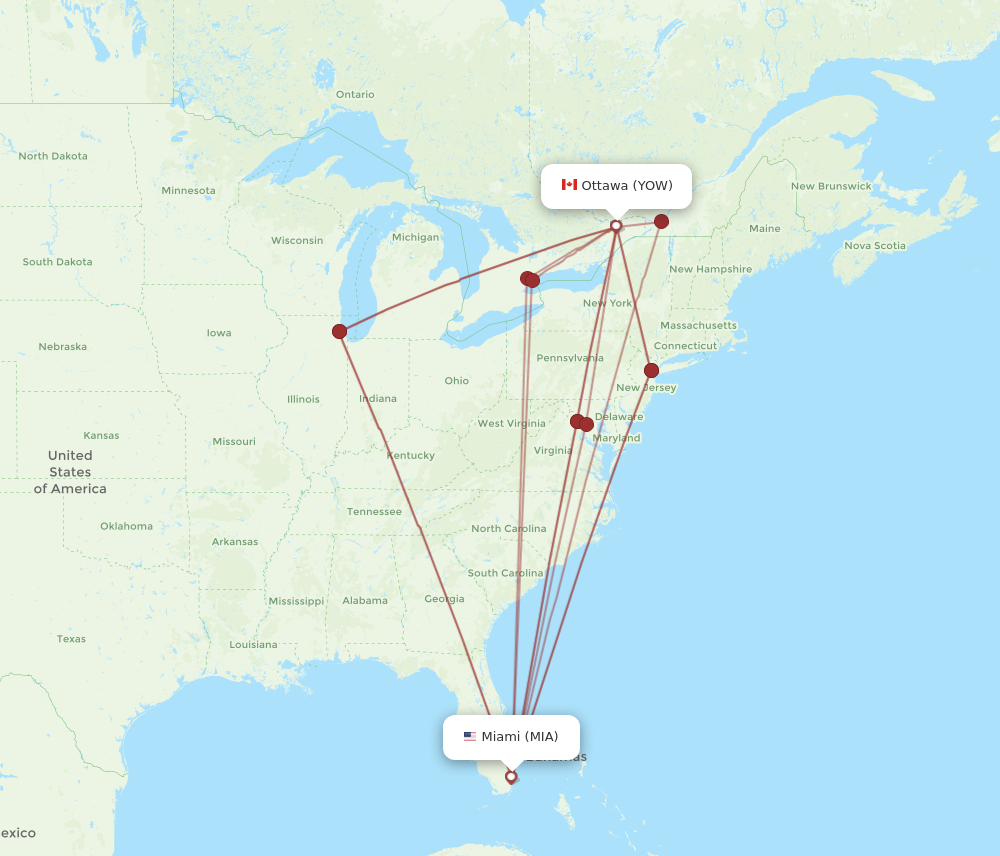 YOW to MIA flights and routes map