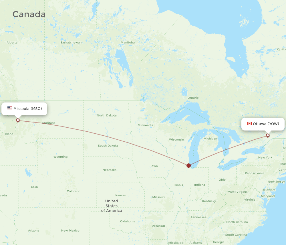 Missoula - Ottawa route map and flight paths